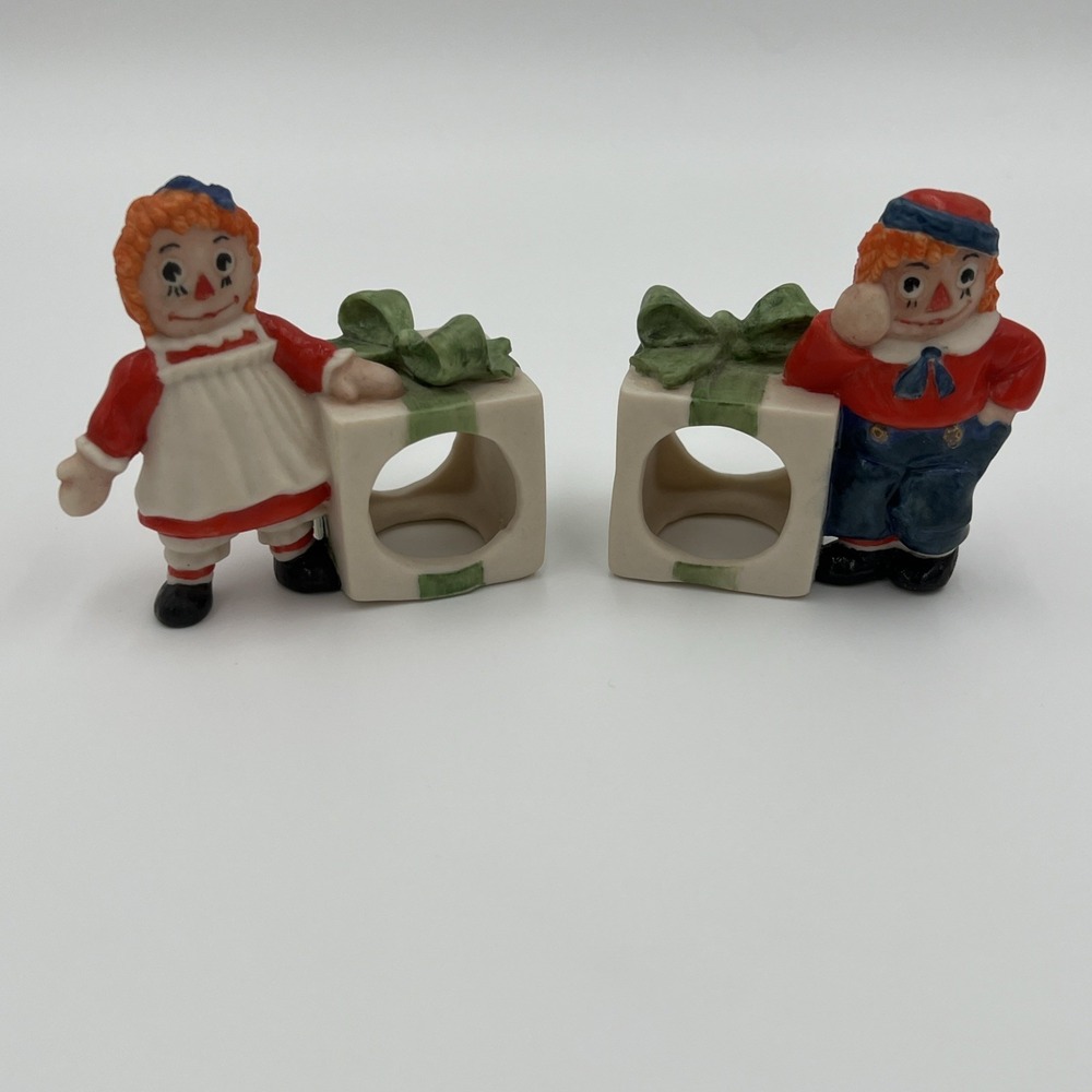 Raggedy Ann and Andy Ceramic Napkin‎ Rings Vintage Christmas Holiday Set of 2